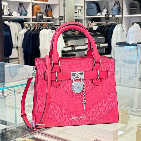 Michael Kors Hamilton Small Satchel Shoulder Bag MK Electric Pink Multi Exotic - Picture 4 of 15
